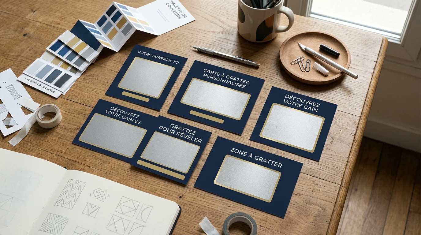 Maquettes de cartes à gratter personnalisées sur un bureau de création