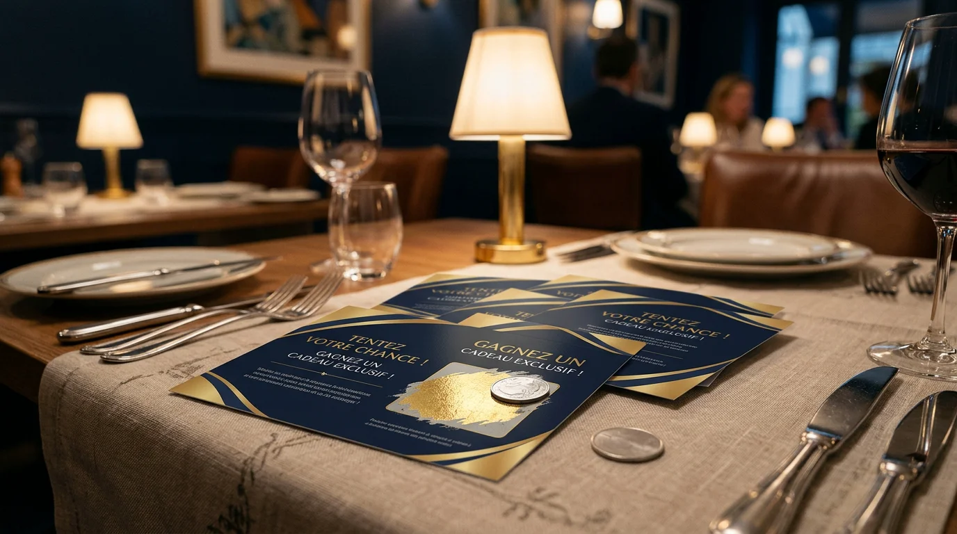 Cartes à gratter promotionnelles posées sur une table de restaurant