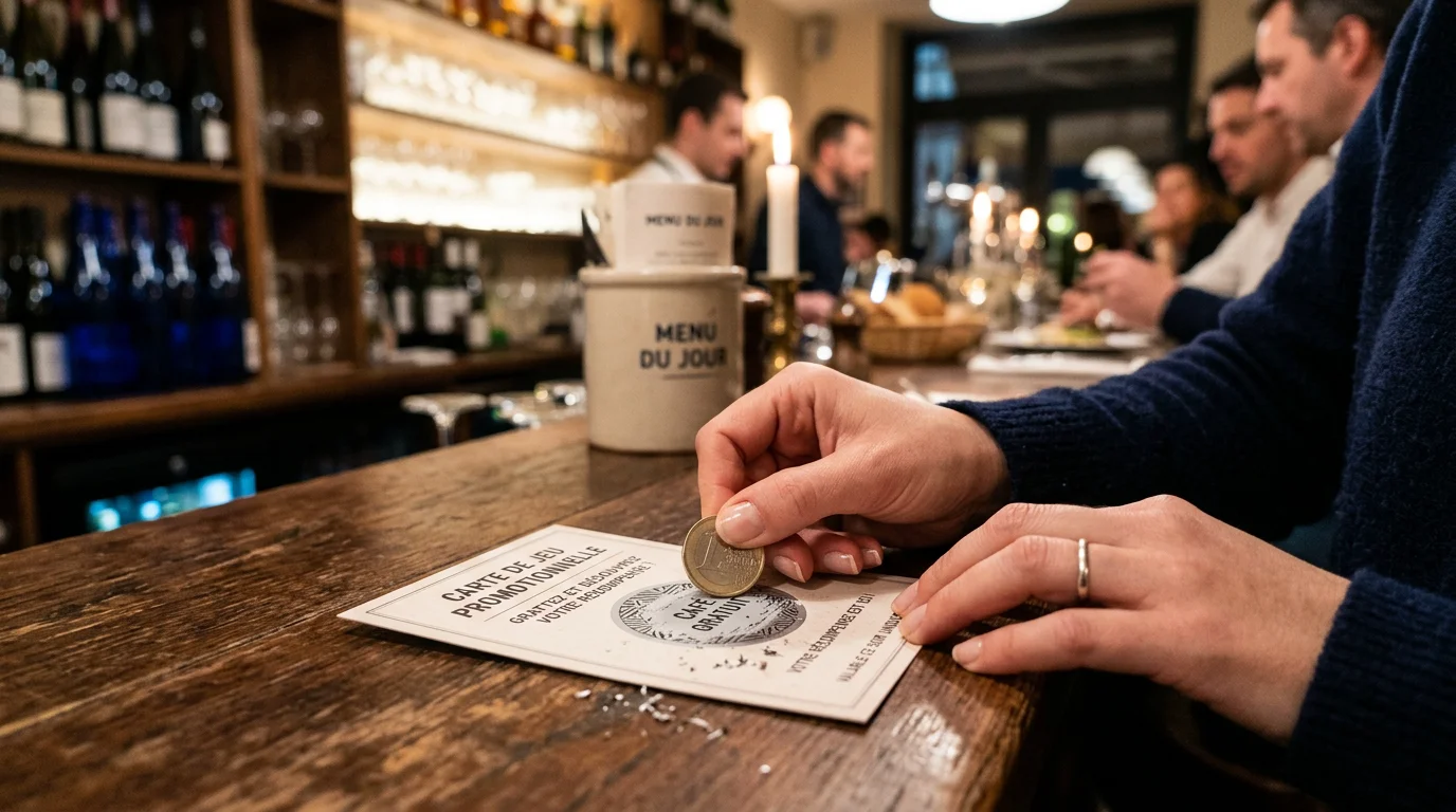 Main grattant une carte promotionnelle sur le comptoir d'un restaurant