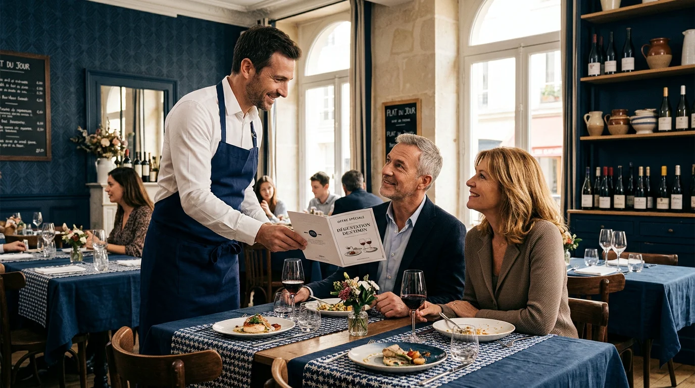 Serveur remettant une carte à gratter à des clients dans un restaurant