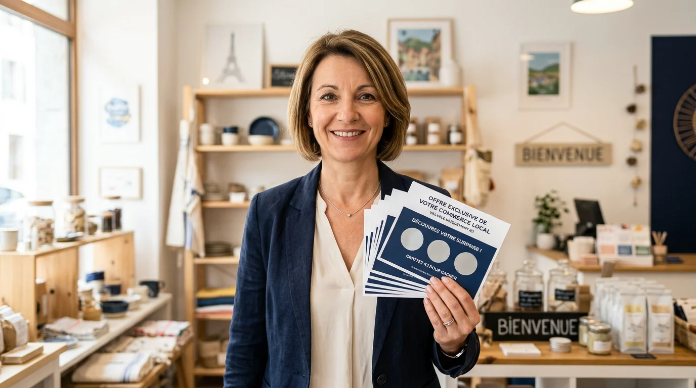 Commerçant européen tenant une pile de tickets à gratter personnalisés dans une boutique française