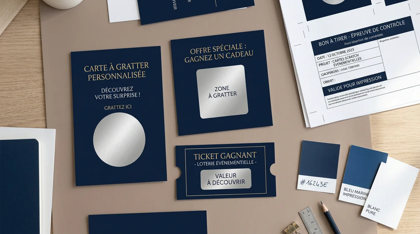 Plusieurs tickets à gratter personnalisés de formats différents disposés à plat sur un bureau