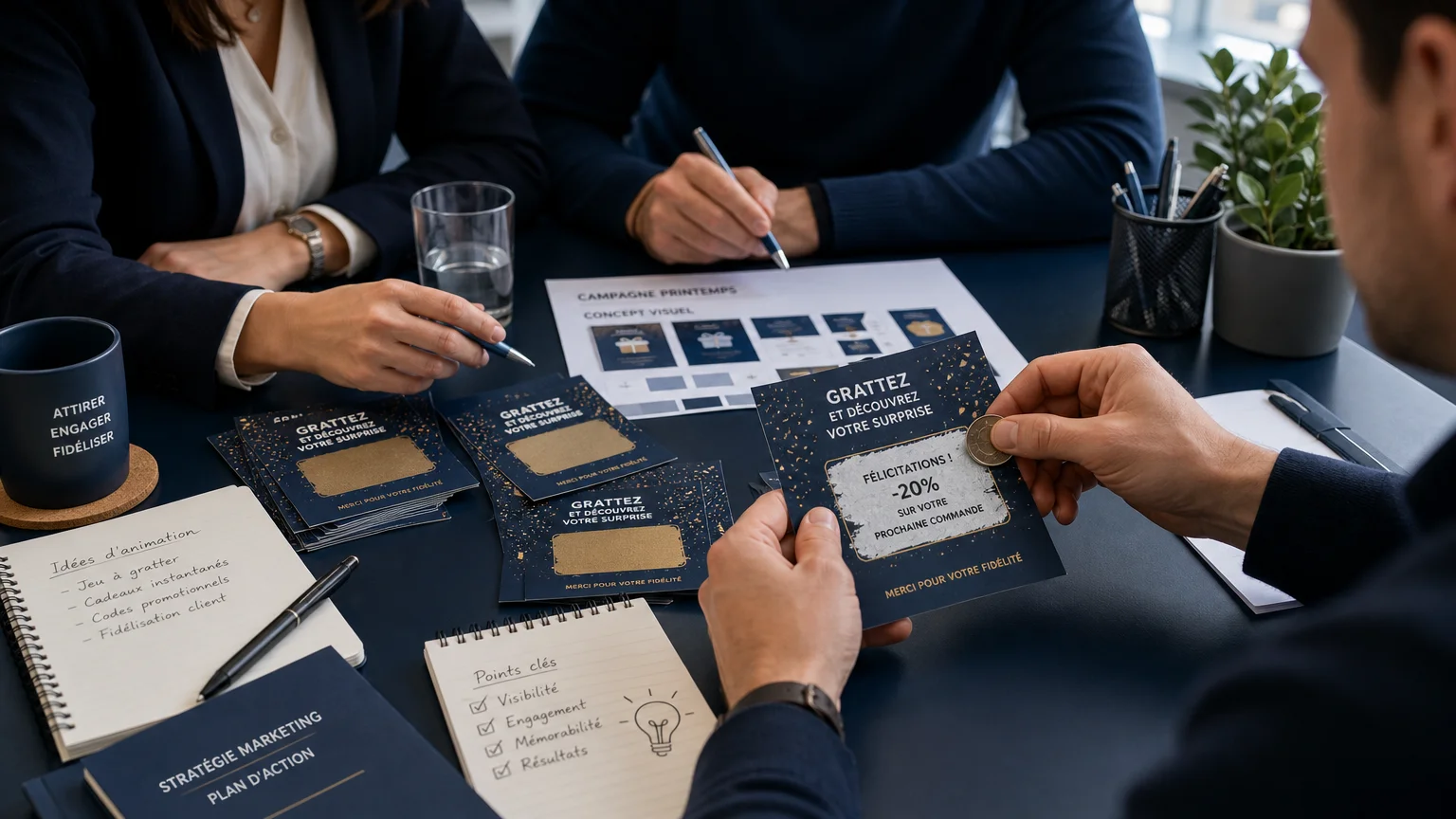 Équipe marketing examinant des cartes à gratter personnalisées sur un bureau
