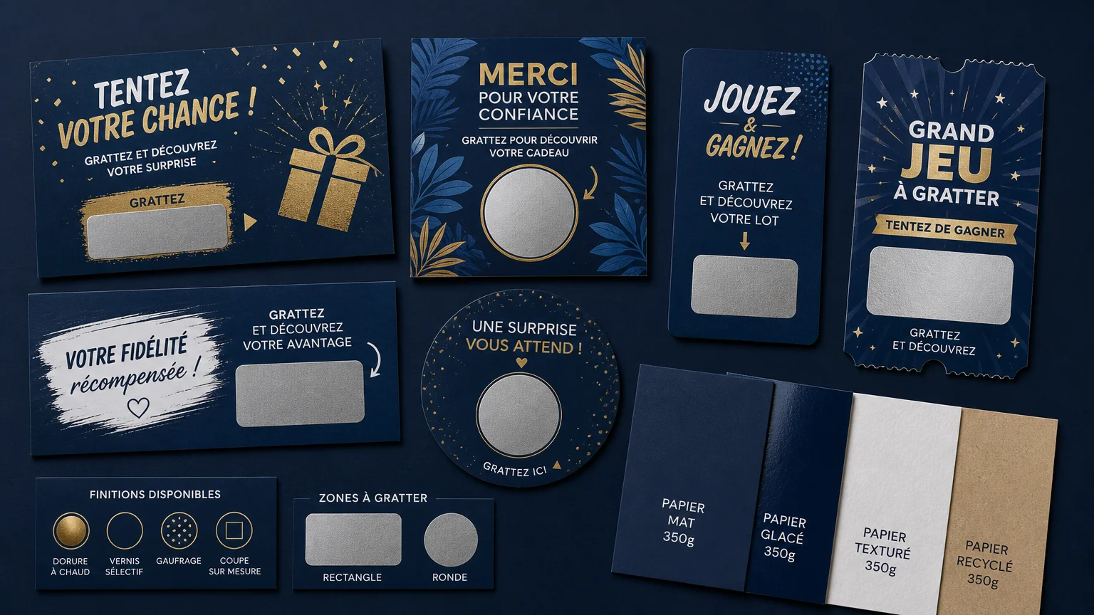 Cartes à gratter dans différents formats et finitions présentées à plat