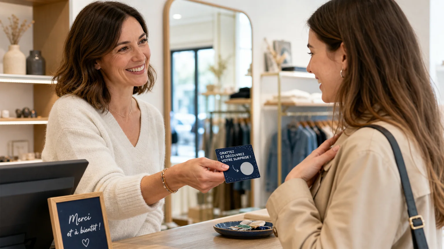 Commerçant européen offrant une carte à gratter à gain instantané à une cliente en boutique