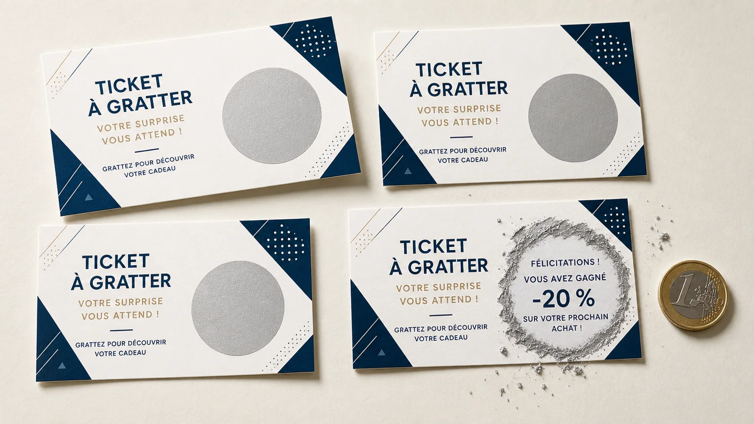 Cartes à gratter personnalisées disposées en flat lay avec message caché