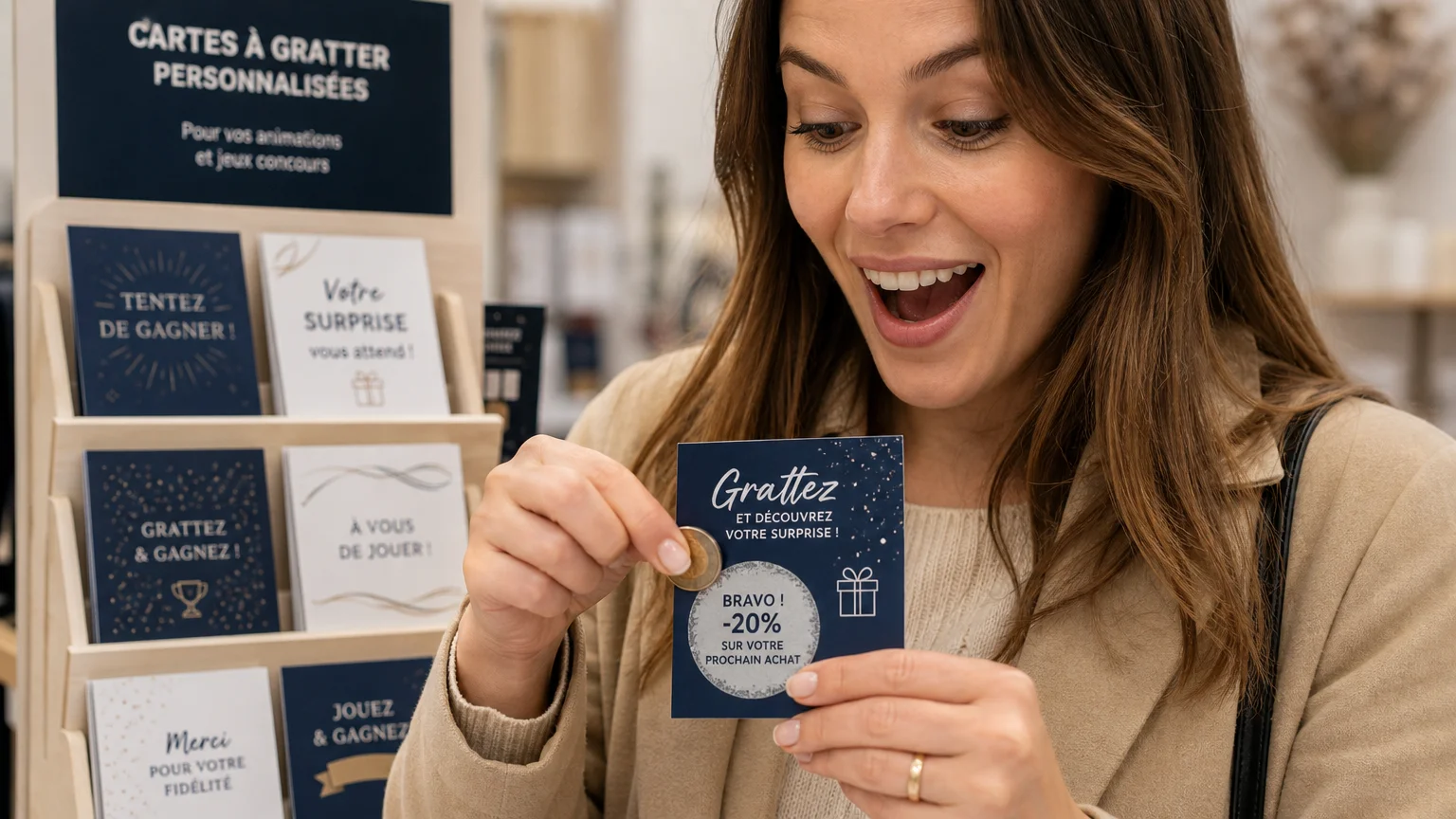 Cliente grattant une carte à gratter personnalisée lors d'une animation en boutique