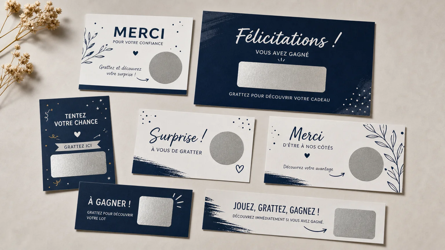 Différents formats de cartes à gratter personnalisées présentés à plat