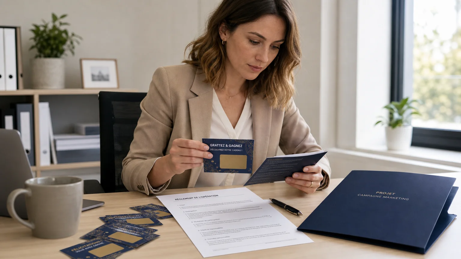 Responsable marketing vérifiant le règlement d'une opération de cartes à gratter