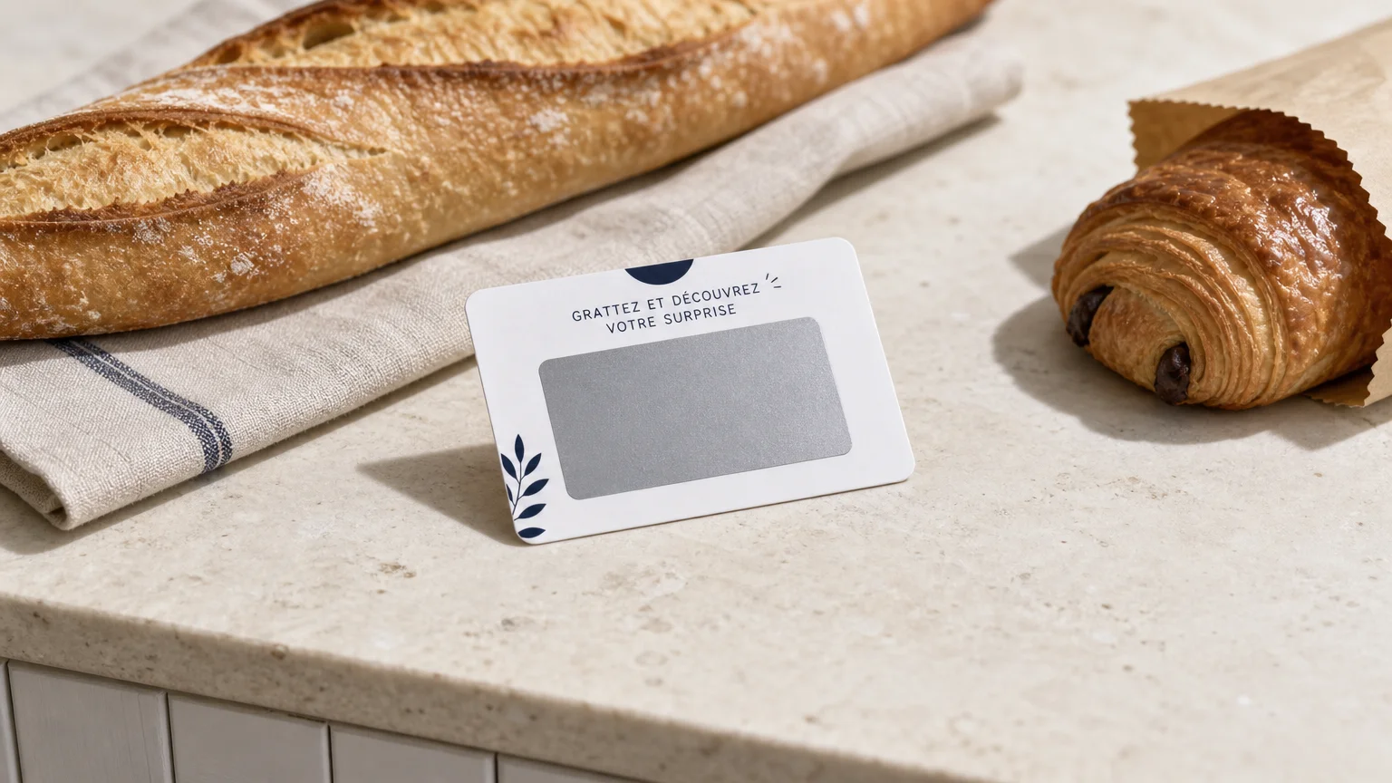 Ticket à gratter posé sur un comptoir de boulangerie