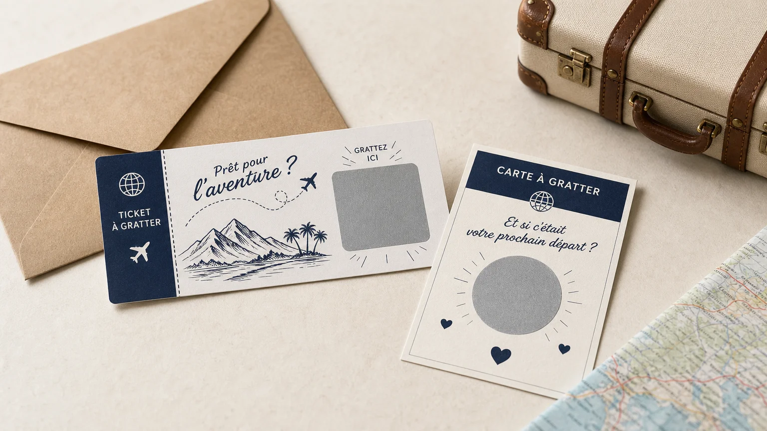 Ticket et carte à gratter personnalisés sur le thème du voyage
