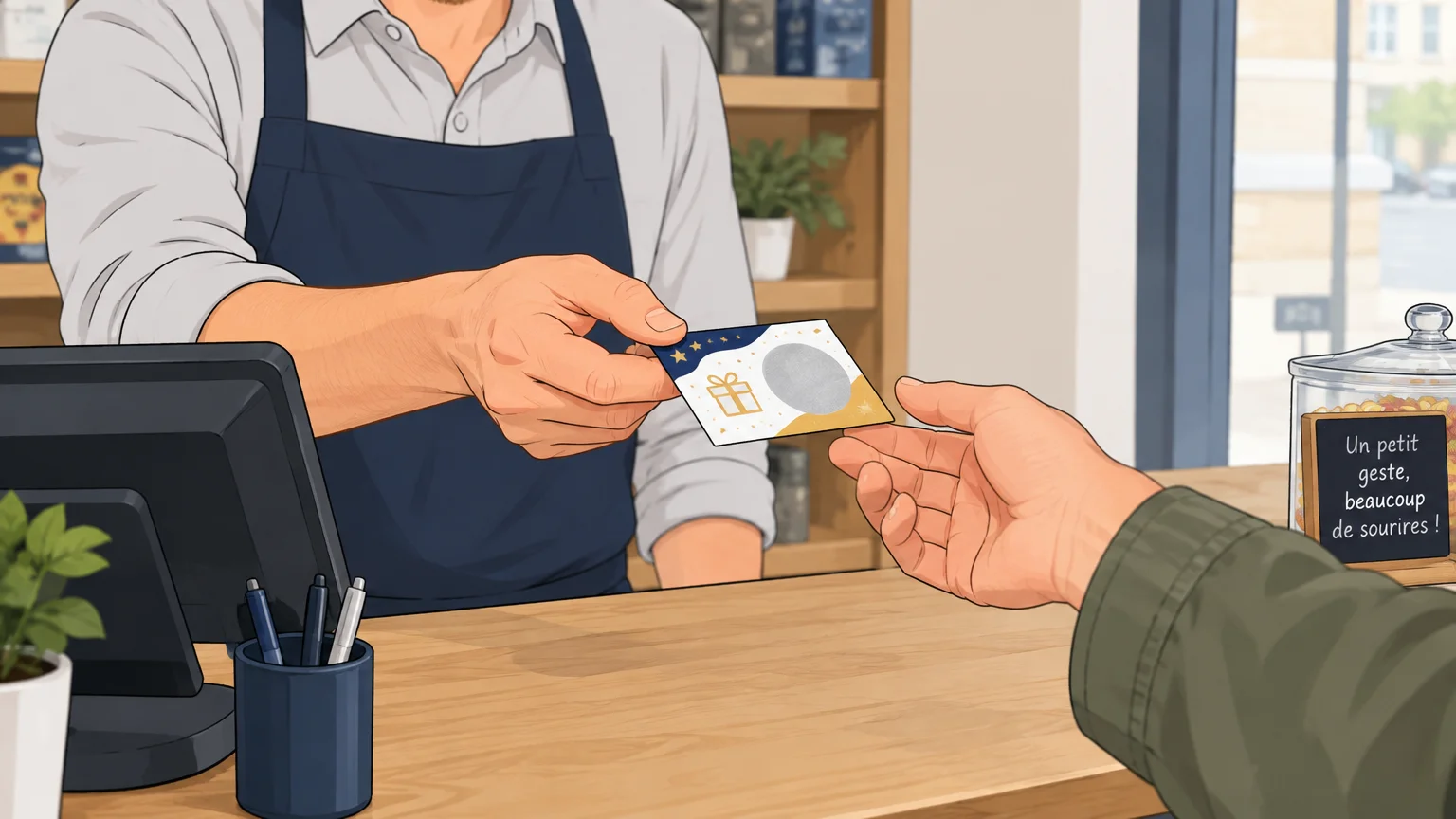 Un commerçant remet un ticket à gratter à un client