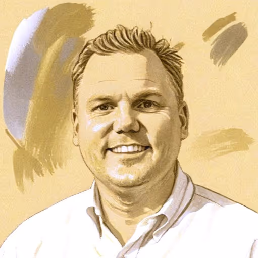 Portrait of a smiling man with short hair wearing a white collared shirt against a beige background with abstract paint strokes.