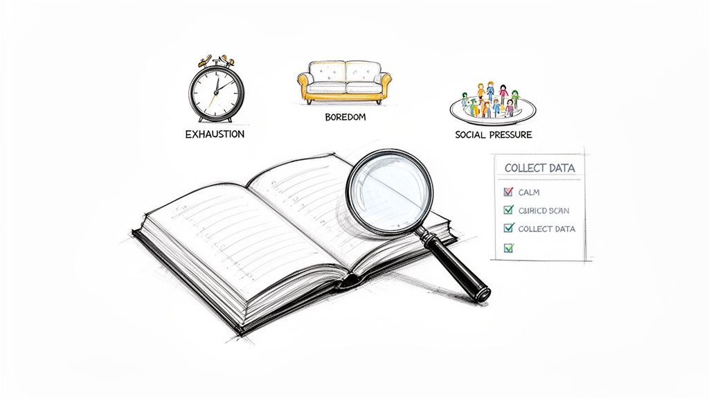 A sketch illustrating an open book, magnifying glass, and triggers like exhaustion, boredom, social pressure, with a data collection checklist.