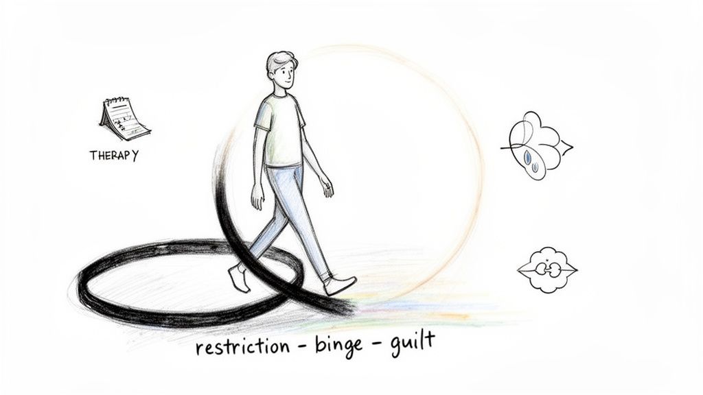 Illustration of a person breaking free from a dark cycle of restriction, binge, and guilt through therapy.