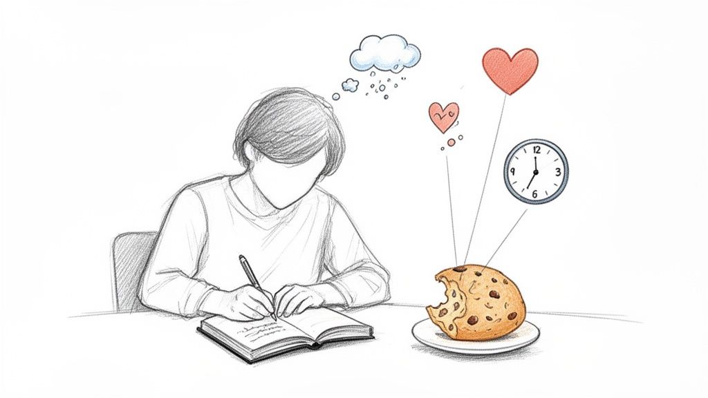 An illustration of a person writing, with a bitten cookie symbolizing mindful eating, surrounded by thoughts of emotions and time.