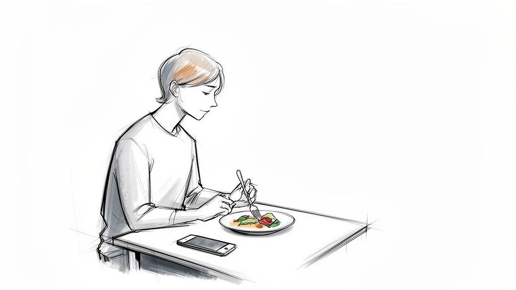 Illustration of a person mindfully eating a meal with a fork and spoon at a table, smartphone beside.