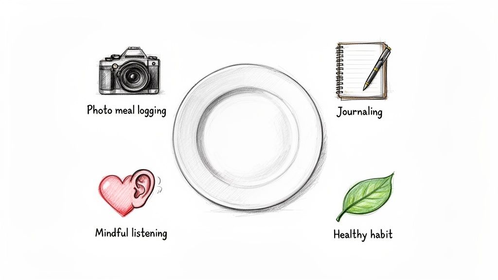 An illustration of mindful practices like photo meal logging, journaling, mindful listening, and healthy habits around a plate.