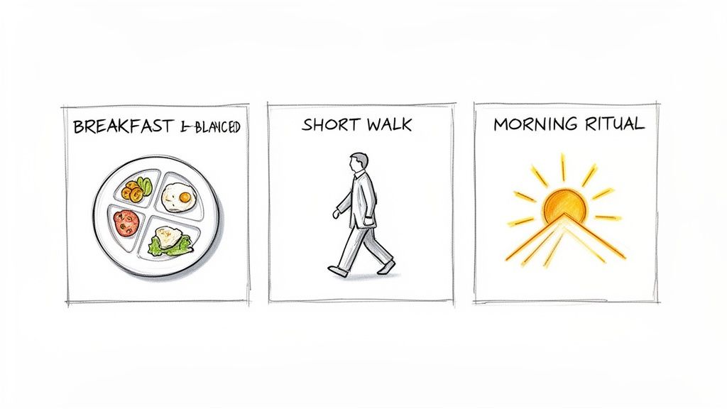 Three panels illustrating a healthy morning routine: balanced breakfast, short walk, and morning ritual.