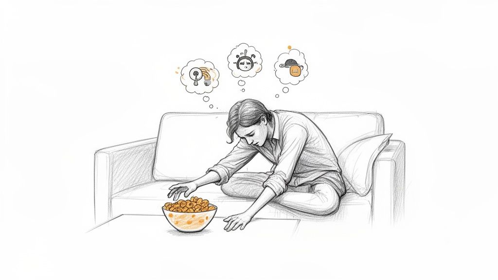 Pencil sketch of a person sitting on a couch, head down, reaching for snacks, with thought bubbles.