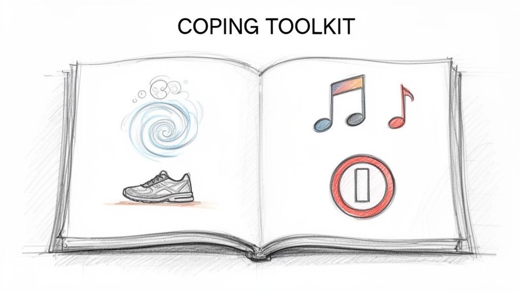An open book titled "Coping Toolkit" displaying sketches of breathing, a running shoe, music notes, and a pause button, representing various coping strategies.