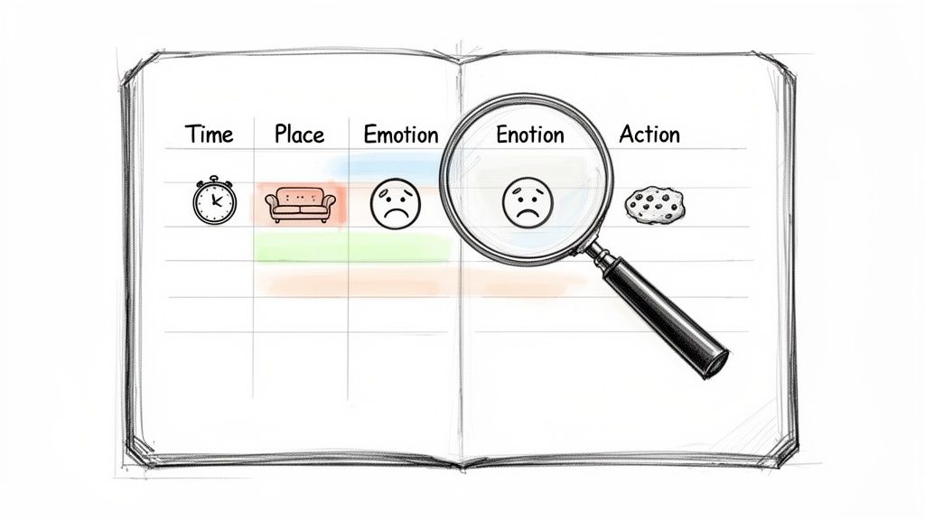 A sketch of an open journal tracking time, place, emotion (magnified sad face), and action (cookie).