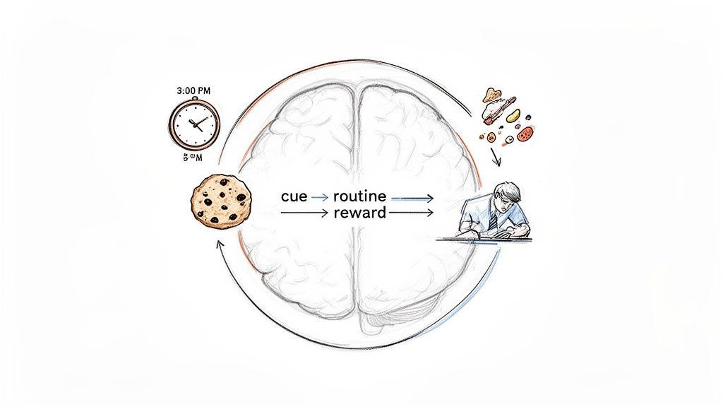 Illustration of the habit loop: cue (time, cookie) leads to routine (working), resulting in a reward (snacks).