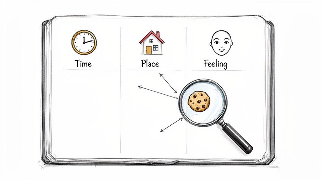 Illustration of a magnifying glass examining a cookie, linking it to time, place, and feelings.