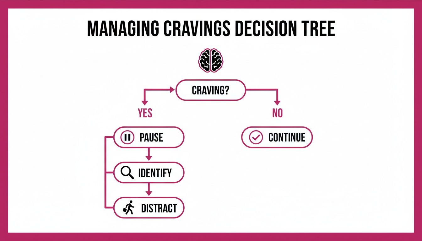 A decision tree flowchart for managing cravings, outlining steps to pause, identify, and distract.