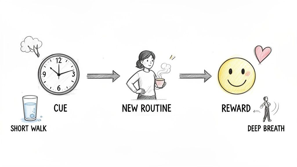 Illustration showing a habit loop: cue (time, walk), new routine (drinking tea), and reward (happy face, deep breath).