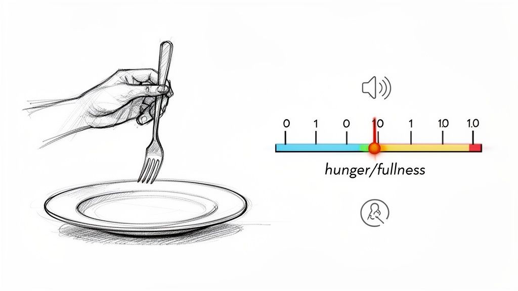 Sketch of a hand holding a fork over an empty plate with a hunger/fullness scale showing moderate hunger.