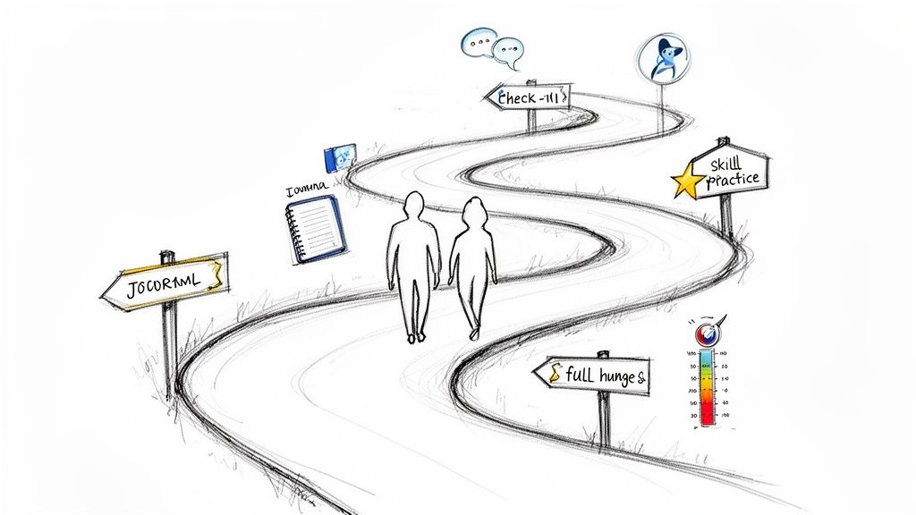 Hand-drawn winding path with two figures, signposts for skill practice, check-in, and full hunger cues, symbolizing a journey.