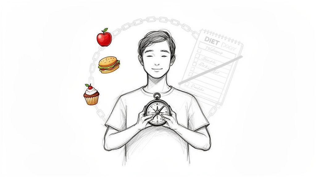 A serene person holds a compass, surrounded by apple, burger, and cupcake, representing intuitive food choices.