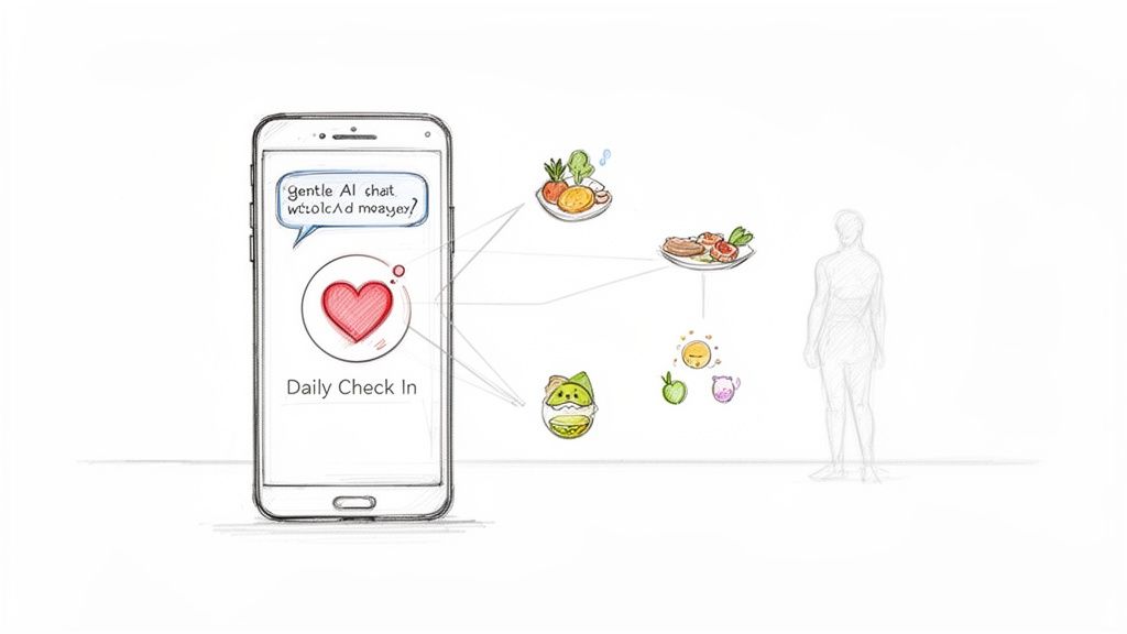 A sketch shows a smartphone app with AI chat for daily check-ins, connecting to food choices and human well-being.