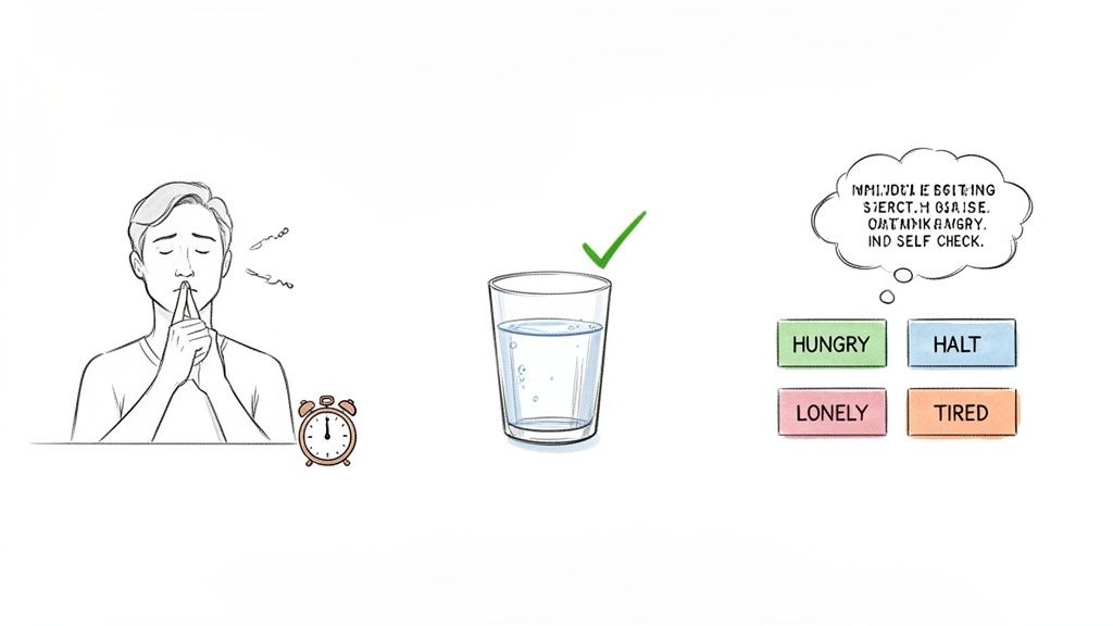 An illustration of self-reflection with a meditating person, a glass of water, and emotional prompts.