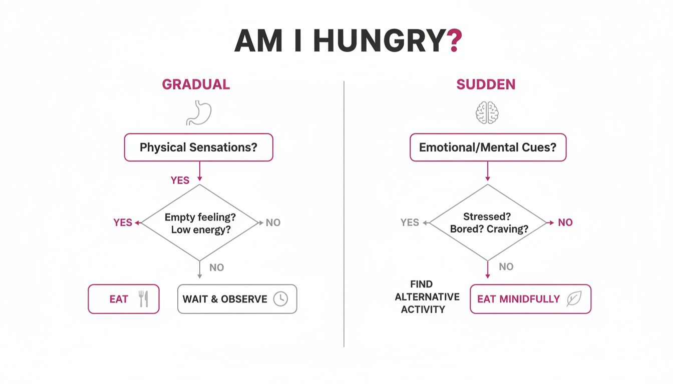 Flowchart illustrating how to determine if hunger is physical (gradual) or emotional (sudden).