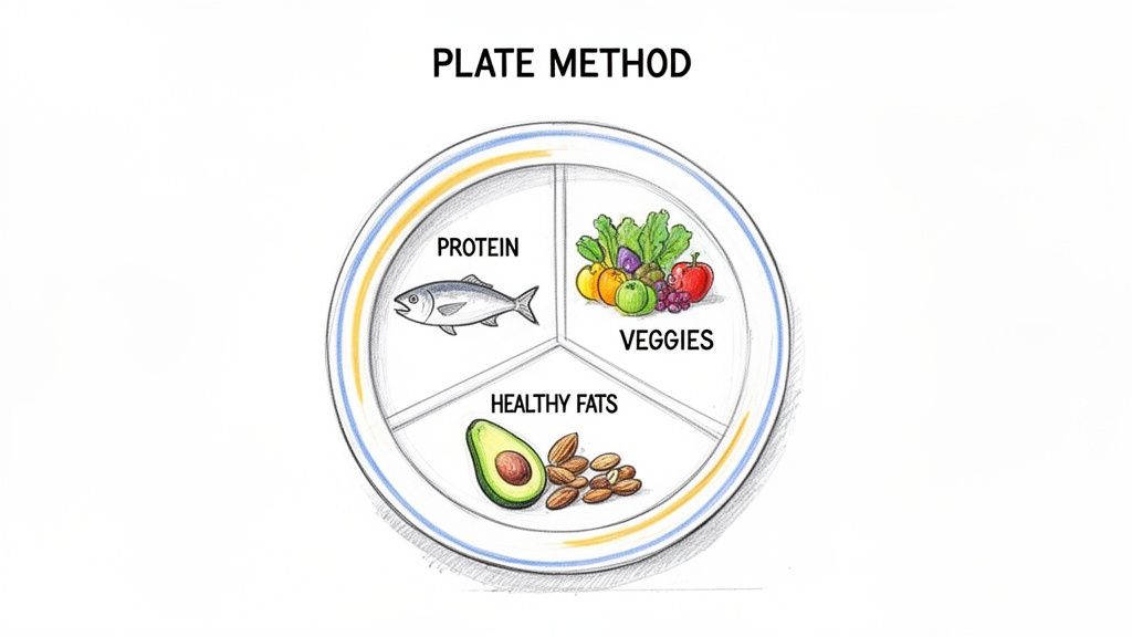 A diagram illustrating the plate method for healthy eating, showing sections for protein, veggies, and healthy fats.
