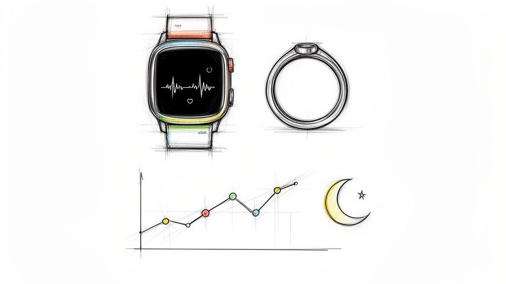 Sketches of a smartwatch with heart rate, a ring, a progress graph, and a moon symbol.