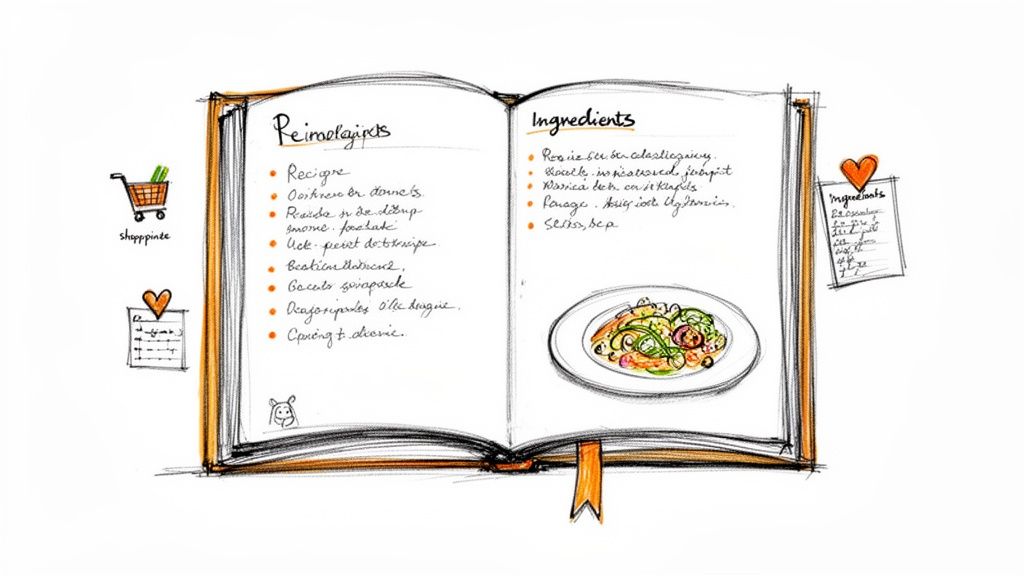 A whimsical, hand-drawn recipe book open to a page with ingredients, a shopping cart, and a list.