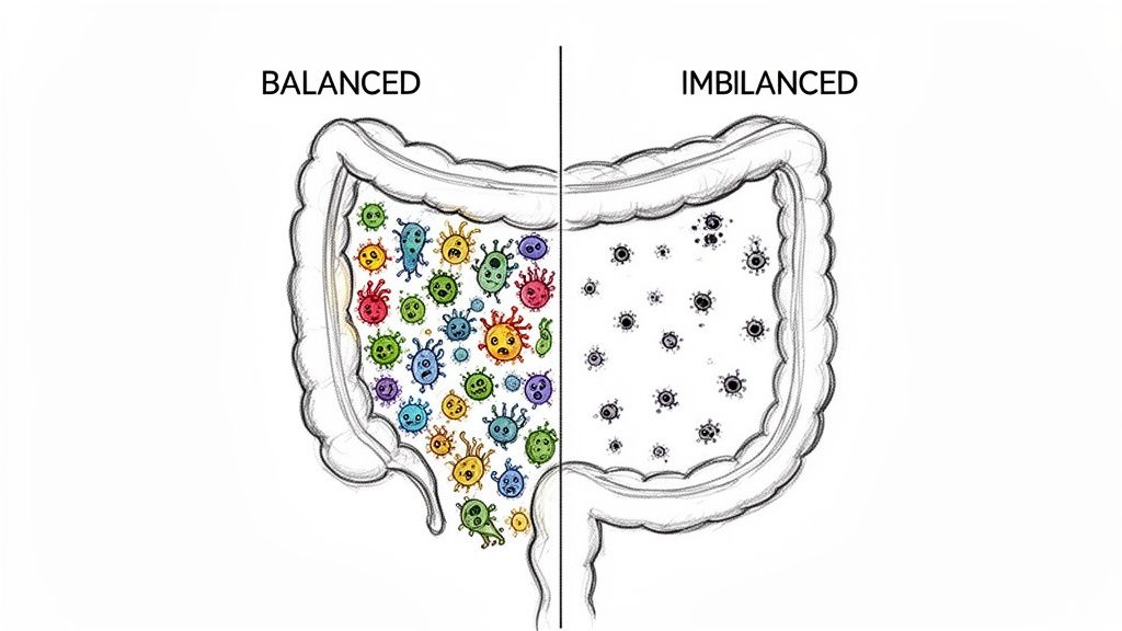 An illustration of a colon showing a balanced, diverse gut microbiome on the left and an imbalanced, less diverse microbiome on the right.