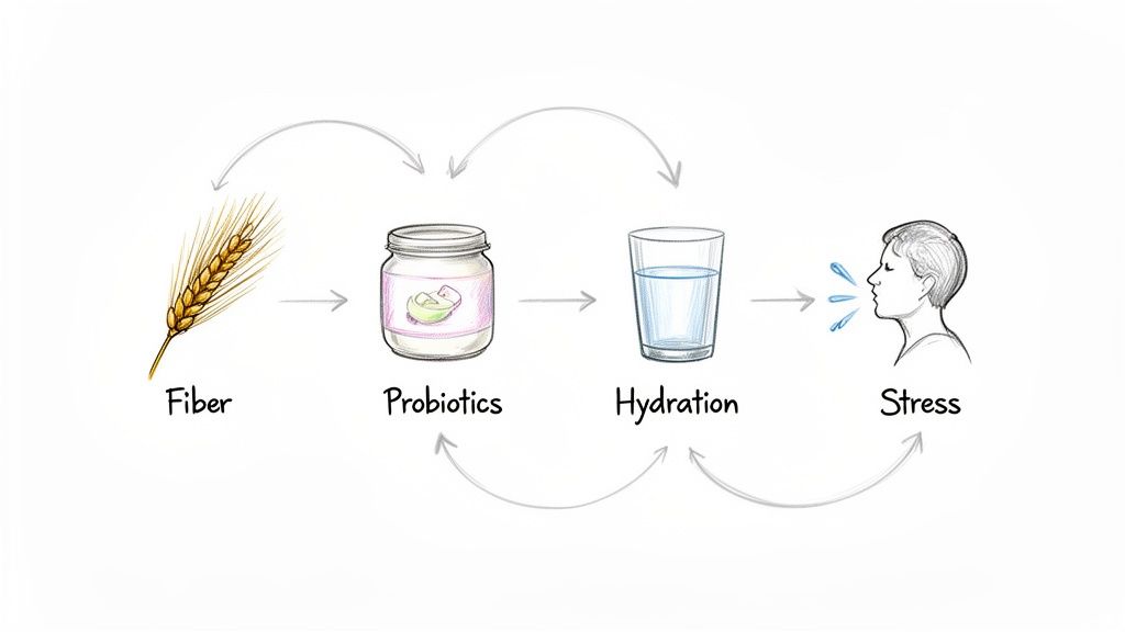Diagram illustrating the interconnected factors of fiber, probiotics, hydration, and stress in maintaining gut health.