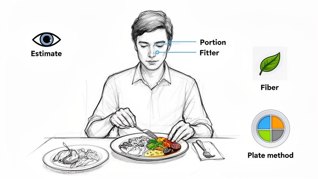 A person eating a meal, with visual aids illustrating diet tracking concepts like estimation, fiber, and the plate method.