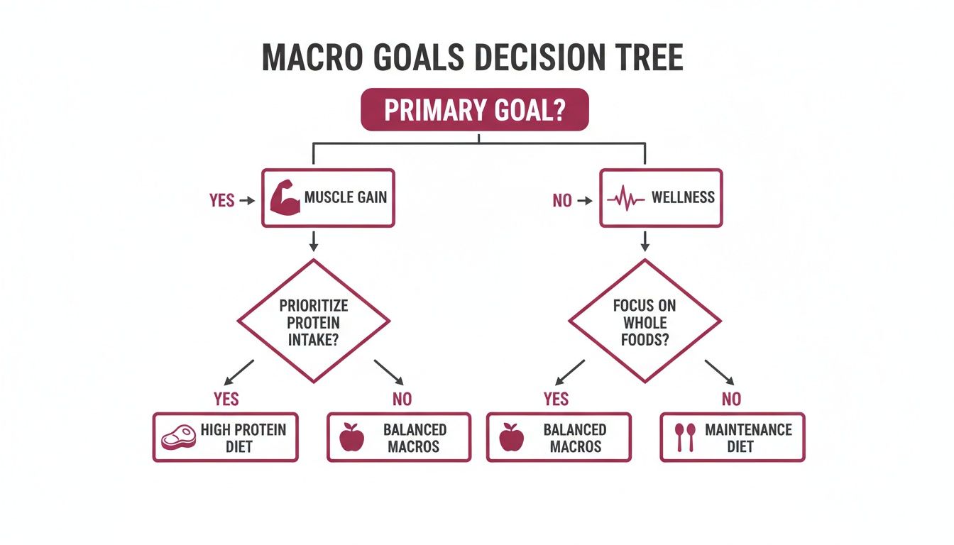 A decision tree flowchart for macro goals, guiding users from primary goal to diet type.