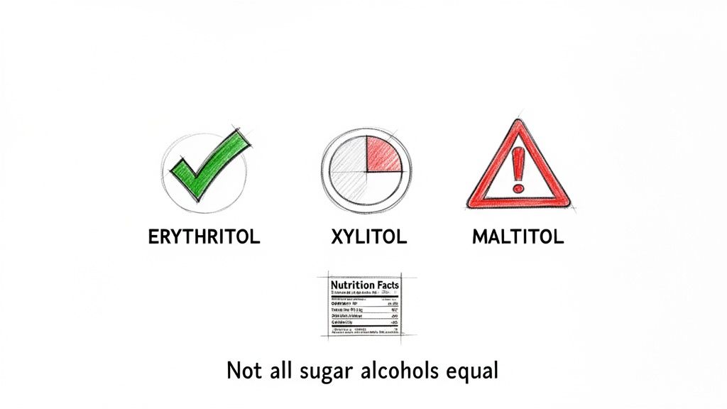 Icons illustrating different sugar alcohols: Erythritol (checkmark), Xylitol (partial), and Maltitol (warning sign).