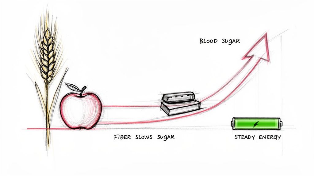 An illustration showing how fiber from wheat and apples slows sugar absorption for steady energy.