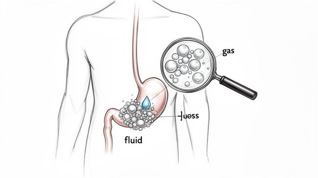 Diagram of a human stomach illustrating fluid and gas bubbles, with a magnified view.