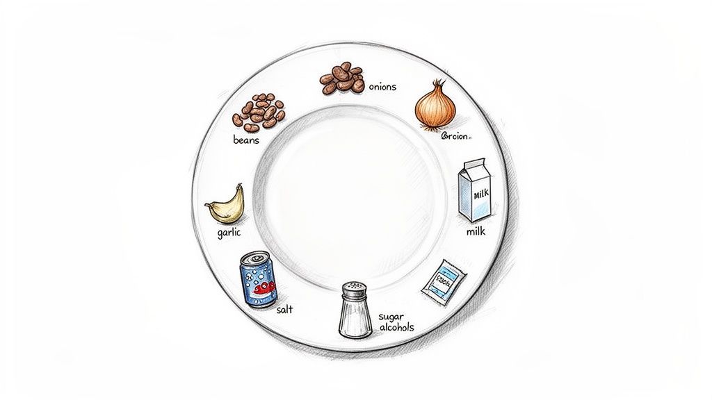 A white plate surrounded by foods like beans, onions, garlic, milk, salt, and sugar alcohols.