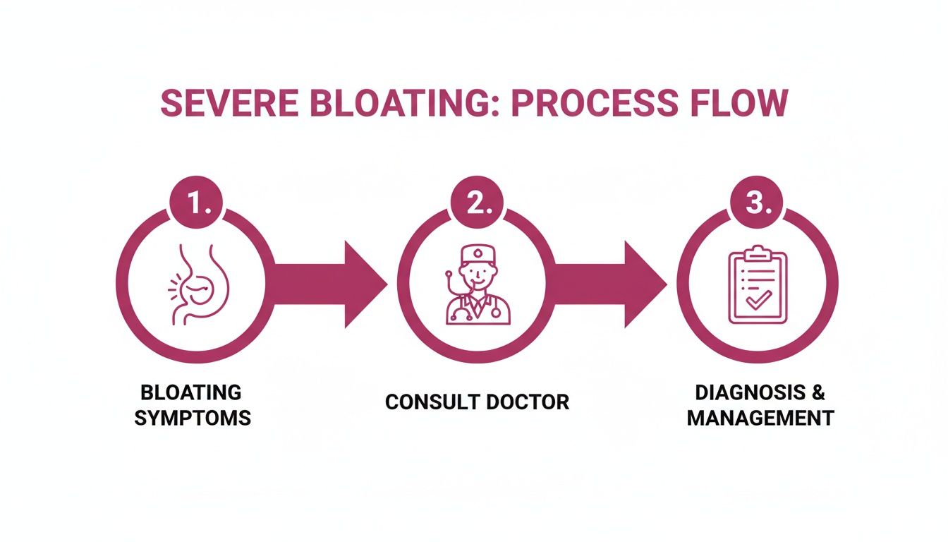 A three-step process flow for severe bloating: symptoms, consult doctor, and diagnosis with management.
