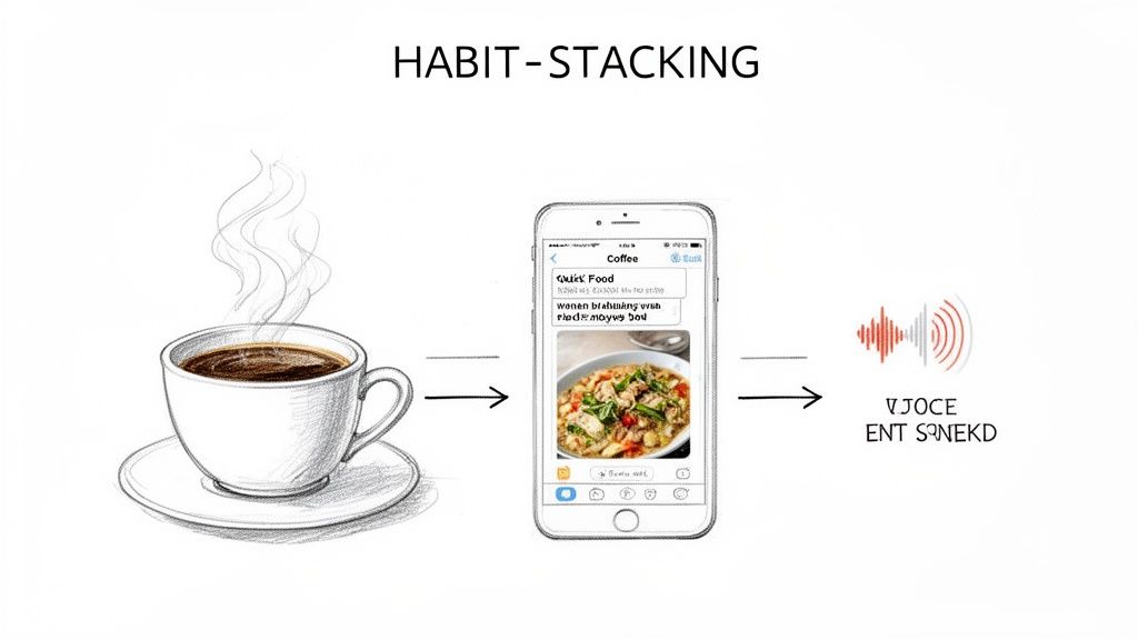 Diagram showing habit stacking: drinking coffee leads to food journaling on a phone, then voice logging.