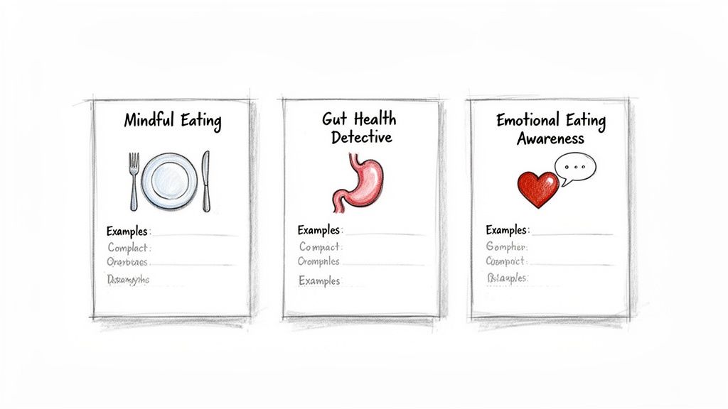 Three hand-drawn journal templates for mindful eating, gut health, and emotional eating awareness with icons and text.